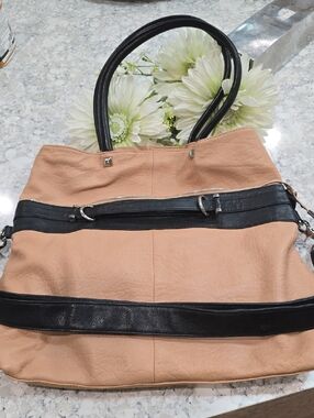 HALOGEN CONVERTABLE Tan and Black Two-Tone Tote Bag! Tuck In Or Out And Go!